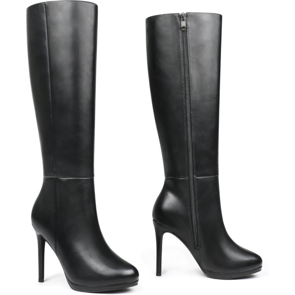 Women's Black Rubber Stiletto Knee High Boots Platform Side Zipper Long Boots